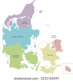 Vector map of Denmark with regions or territories and administrative divisions. Editable and clearly labeled layers.