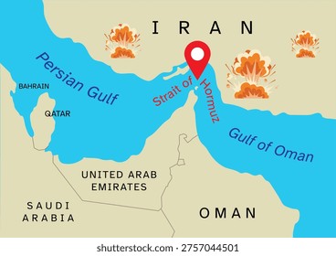 Vector map depicting geopolitical tension and conflict in the Middle East. The illustration highlights the Strait of Hormuz with a red location pin, surrounded by orange explosion icons on the land of Iran and the surrounding region
