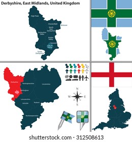 Vector map of Derbyshire in East Midlands, United Kingdom with regions and flags
