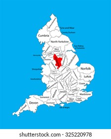 Vector map of Derbyshire in East Midlands, United Kingdom with regions. England vector map.