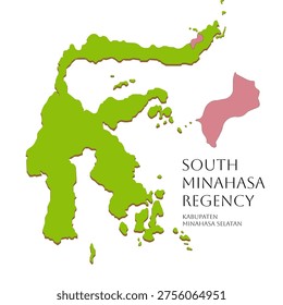 Vector map design of North Sulawesi emphasizing South Minahasa Regency with distinct area highlight and professional geographic layout