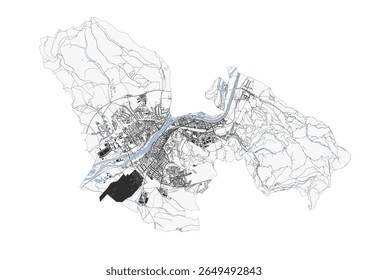  Vector map of Trenčín detailing highways, buildings, and waterways. Shows the city's complex infrastructure and urban layout.