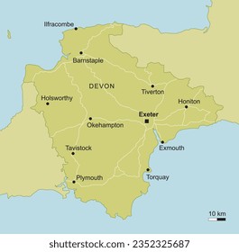vector map of Devon in South West England, United Kingdom with important cities and roads geography cartography blue green
