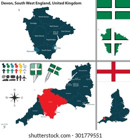 Vector map of Devon in South West England, United Kingdom with regions and flags