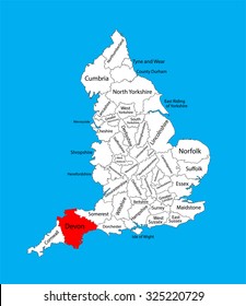 Vector map of Devon in South West England, United Kingdom with regions. England vector map. 