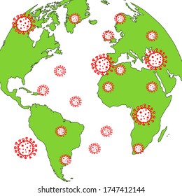 Vector map. Distribution map of coronavirus, Covid-19 That is paid around the world Causing more deaths every day