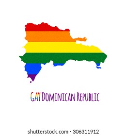 Vector map of Dominican Republic in LGBT (lesbian, gay, bisexual, and transgender) flag colors and GAY Dominican Republic caption on white background. Rainbow flag with denim textile texture.