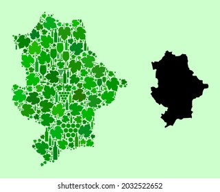 Mapa vectorial de la República de Donetsk. Mosaico de hojas verdes de uva, botellas de vino. Mapa del mosaico de la República de Donetsk compuesto de botellas, uvas, hojas verdes.