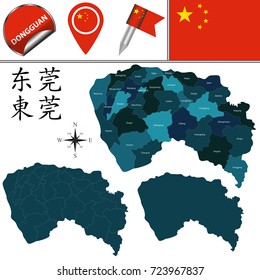 Vector map of Dongguan with named divisions and travel icons. There are chinese characters in a set - it means Dongguan