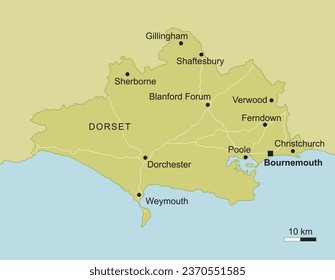 vector map of Dorset in South West England, United Kingdom with important cities and roads geography cartography blue green