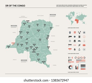 Vector map of DR of the Congo. High detailed country map with division, cities and capital Kinshasa. Political map,  world map, infographic elements. 