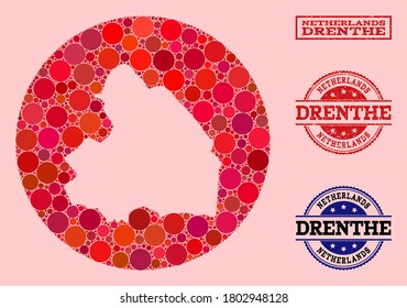 Vector map of Drenthe Province collage of circle spots and red grunge stamp. Stencil circle map of Drenthe Province collage formed with circles in various sizes, and red color hues.