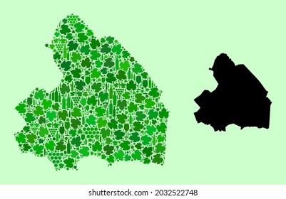 Mapa vectorial de la provincia de Drenthe. Collage de hojas verdes de uva, botellas de vino. Mapa del mosaico de la provincia de Drenthe creado con botellas, bayas, hojas verdes.