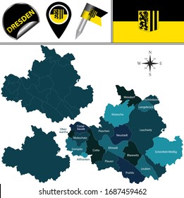 Vector map of Dresden, Germany with named districts and travel icons