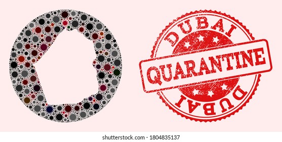 Vektorkarte von Dubai Emirat Sammlung von Grippevirus und roten Grunge Quarantänestempel. Infektionszellen greifen das Quarantänegebiet von außen an.