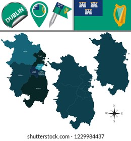 Vector map of Dublin with named counties and travel icons