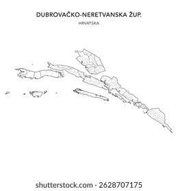 Mapa vetorial do condado de Dubrovnik-Neretva (Dubrovačko-Neretvanska Županija) com assentamentos (Naselja) e cidades, cidades (Gradovi) e municípios (Općine) - Croácia 2025