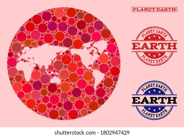 Vector map of Earth collage of round elements and red rubber seal. Subtraction round map of Earth collage created with circles in different sizes, and red color tinges.