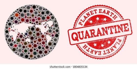 Vector map of Earth mosaic of coronavirus and red grunge quarantine seal stamp. Infection cells around the quarantine territory from out space.