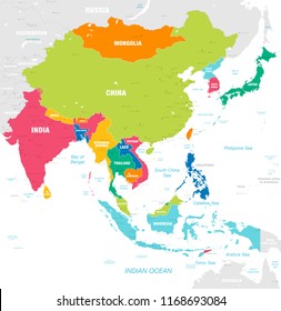 Vector map of East Asia Continent with Countries, Capitals, Main Cities and Seas and islands names in strong brilliant colors palette. - Shutterstock ID 1168693084