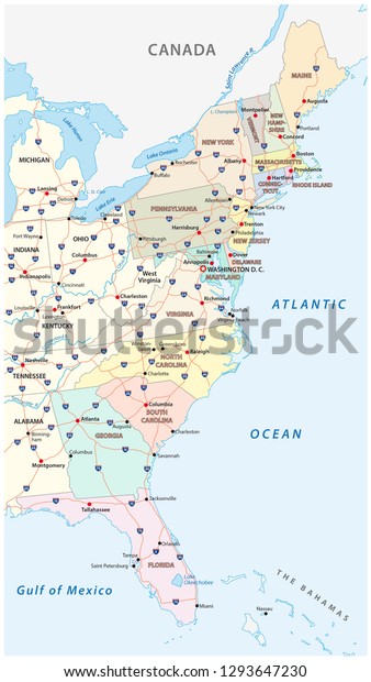 Vector Map East Coast United States Stock Vector Royalty Free