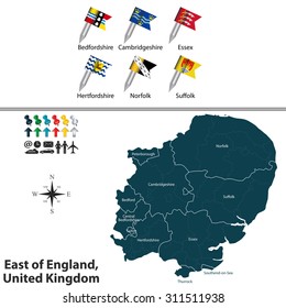 Vector map of East of England, United Kingdom with regions and flags