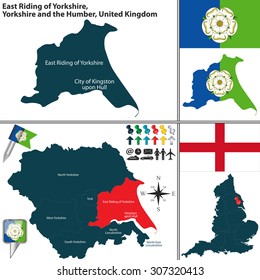 Vector map of East Riding of Yorkshire in Yorkshire and the Humber, United Kingdom with regions and flags