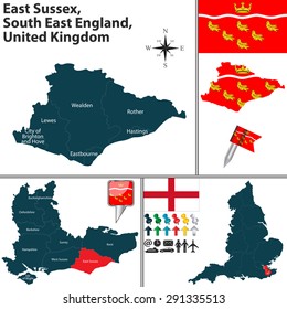 Vector map of East Sussex, South East England, United Kingdom with regions and flags