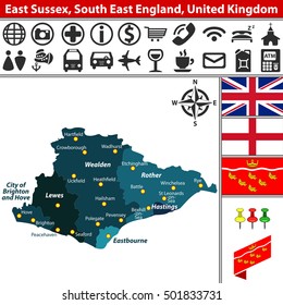 Vector map of East Sussex, South East England, United Kingdom with regions and flags