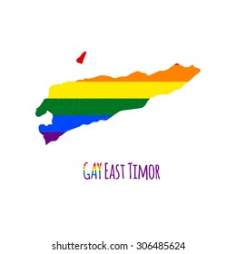 Vector map of East Timor in LGBT (lesbian, gay, bisexual, and transgender) flag colors and GAY East Timor caption on white background. Rainbow flag with denim textile texture.
