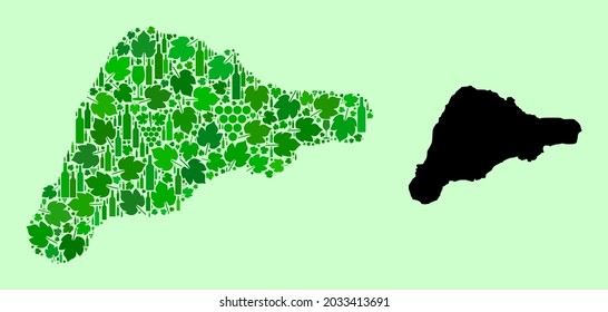 Vector Map of Easter Island. Mosaic of green grape leaves, wine bottles. Map of Easter Island mosaic composed from bottles, grapes, green leaves.