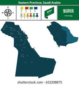 Vector map of Eastern Province region with flag, icons and location on Saudi Arabian map.