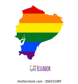 Vector map of Ecuador in LGBT (lesbian, gay, bisexual, and transgender) flag colors and GAY Ecuador caption on white background. Rainbow flag with denim textile texture.