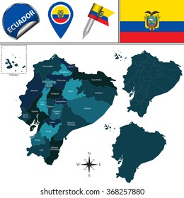 Vektorkarte Ecuadors mit den genannten Provinzen und den Reisesymbolen