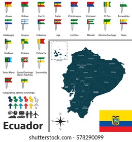 Vector map of Ecuador with regions and flags of provinces