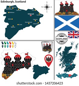 Vector map of Edinburgh city, Scotland and location on Scottish map
