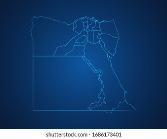 Vector map of Egypt abstract blue line scales on dark background.