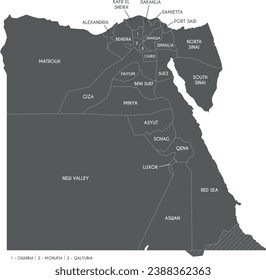 Vector map of Egypt with governorates or provinces and administrative divisions. Editable and clearly labeled layers.