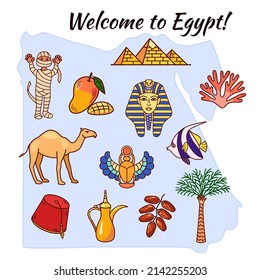 Vector map of Egypt with tourist landmarks, illustration of egyptian sights, set of travel symbols with welcome to Egypt lettering