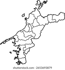 Mapa vetorial da prefeitura de Ehime, Japão, mostrando distritos, cidades, litoral e características geográficas. Perfeito para projetos de educação, turismo, infográfico, planejamento e design cartográfico.