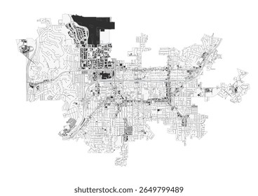 Vector map of El Cajon highlighting highways and buildings. Displays urban road networks and structural layout.