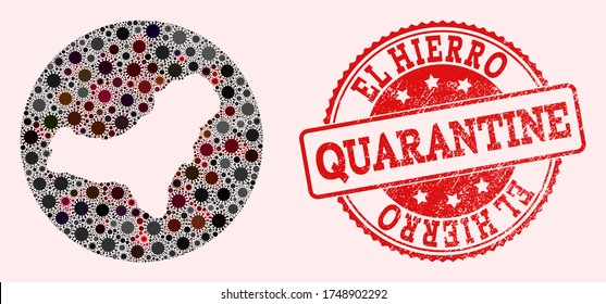 Vector map of El Hierro Island collage of SARS virus and red grunge quarantine seal stamp. Infection cells around the quarantine territory from out space.