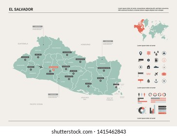 Vector map of El Salvador. Country map with division, cities and capital San Salvador. Political map,  world map, infographic elements.