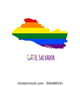 Vector map of El Salvador in LGBT (lesbian, gay, bisexual, and transgender) flag colors and GAY El Salvador caption on white background. Rainbow flag with denim textile texture.