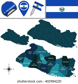 Vector map of El Salvador with named departments and travel icons