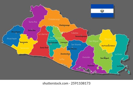 Vector map of El Salvador with names of cities and with borders city