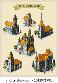 Vector Map Elements, Colorful, Hand Draw - Buildings, Church, Temple, Castle