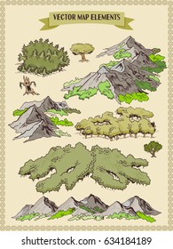 Vector map elements, colorful, hand draw - forest, mountains, trees