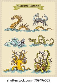 Vector map elements, colorful, hand draw - sea monsters and fantasy creatures for pirate treasure map