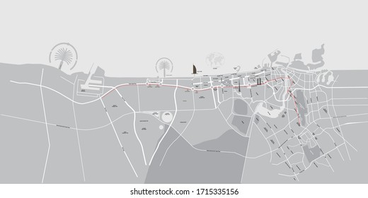 Vector Map of the Emirate of Dubai with names of streets and landmarks.
